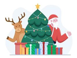 Ilustración de feliz Navidad con lindo Papá Noel, ciervos, árbol de Navidad y regalos de Navidad. se puede utilizar para tarjetas de felicitación, carteles, invitaciones, pancartas, web, impresiones, etc. vector