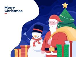 Ilustración de dibujos animados de feliz Navidad con Papá Noel, lindo muñeco de nieve, árbol de Navidad y regalo de Navidad. se puede utilizar para tarjetas de felicitación, postales, pancartas, carteles, web, impresión. vector