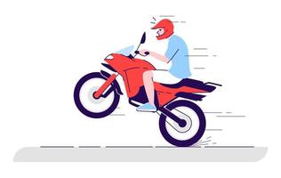hombre en la ilustración de doodle plano de moto. andar en bicicleta extrema. medios de transporte local. chico haciendo acrobacias en moto. indonesia turismo 2d personaje de dibujos animados con contorno para uso comercial vector