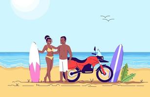 Couple of surfers flat doodle illustration. Tourists with motorbike at seaside. Summer vacation in exotic country. Indonesia tourism 2D cartoon character with outline for commercial use vector