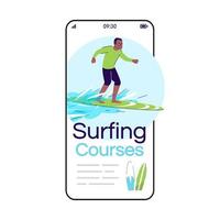 Surfing courses cartoon smartphone vector app screen. Man on surfboard. Water activity. Indonesia tourism. Mobile phone display with flat character design mockup. Application telephone cute interface