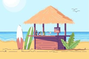 Empty beach bar counter and surfboards flat doodle illustration. Seaside scenery. Outdoor cafe on seashore. Exotic country. Indonesia tourism 2D cartoon character with outline for commercial use vector