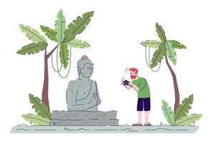 hombre fotografiando monumento plano doodle ilustración. chico tomando fotos de la estatua de Buda en el bosque tropical. templo budista. Indonesia turismo personaje de dibujos animados 2d con contorno para uso comercial vector