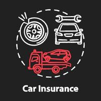 Car insurance chalk RGB color concept icon. Auto wreck. Collision damage. Accident coverage. Personal property fix idea. Vector isolated chalkboard illustration on black background