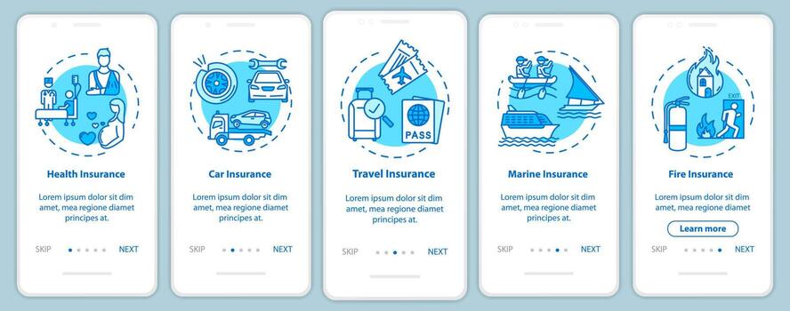 Healthcare plan onboarding mobile app page screen with concepts. Protection for traveling. Life insurance walkthrough 5 steps graphic instructions. UI vector template with RGB color illustrations
