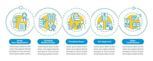 Coverage policy vector infographic template. Approval process presentation design elements. Data visualization with 5 steps. Process timeline chart. Workflow layout with linear icons