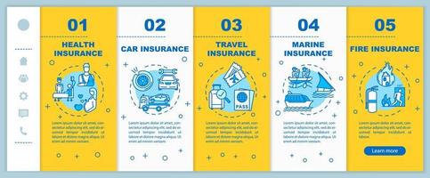 General insurance onboarding vector template. Health insurance. Medical security. Real estate loss. Responsive mobile website with icons. Webpage walkthrough step screens. RGB color concept