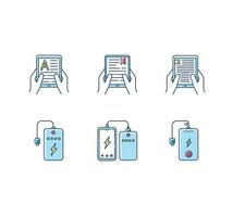 Portable electronic devices RGB color icons set. Power bank. Portable battery. Pocket charging gadget. Hands holding e-readers, tablets. Digital reading. Isolated vector illustrations