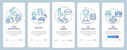 Skicare onboarding mobile app page screen with concepts. Cosmetic products. Cosmetology and beauty walkthrough 5 steps graphic instructions. UI vector template with RGB color illustrations