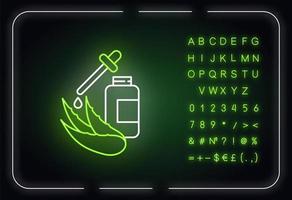 Aloe vera extract neon light icon. Plant based liquid. Healing botanical juice. Medicinal herbs. Outer glowing effect. Sign with alphabet, numbers and symbols. Vector isolated RGB color illustration