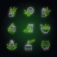 Conjunto de iconos de luz de neón de aloe vera. antitranspirante con hierbas medicinales. productos cosméticos para el cuidado de la piel. jugo de cactus. letreros con efecto exterior brillante. vector aislado ilustraciones en color rgb