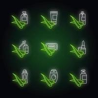 Aloe vera neon light icons set. Cosmetic products with medicinal plant. Natural cream, organic lotion. Healthy skincare. Signs with outer glowing effect. Vector isolated RGB color illustrations