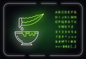 Plant extract neon light icon. Cut medicinal herb thorn with bowl. Sliced aloe vera leaf with jar. Outer glowing effect. Sign with alphabet, numbers and symbols. Vector isolated RGB color illustration