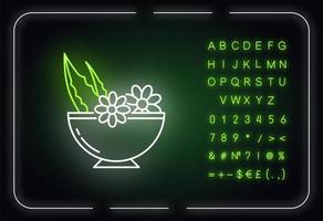 Leaves in bowl neon light icon. Medicinal herbs and flowers in mortar. Botanical ingredients. Outer glowing effect. Sign with alphabet, numbers and symbols. Vector isolated RGB color illustration