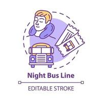 Night bus line concept icon. Rest on the way idea thin line illustration. Sleeping tourist, international autobus and travel tickets vector isolated outline RGB color drawing. Editable stroke