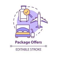 Package offers concept icon. Cost effective, all inclusive tour idea thin line illustration. Transportation and accommodation included. Vector isolated outline RGB color drawing. Editable stroke