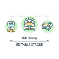 Ride sharing concept icon. Cost effective road trip, inexpensive transportation idea thin line illustration. Money saving tourism. Vector isolated outline RGB color drawing. Editable stroke