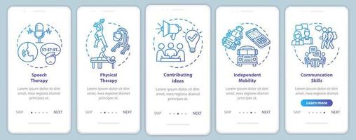 Programa inclusivo que incorpora la pantalla de la página de la aplicación móvil con conceptos. terapia e inclusión en la vida pública paso a paso instrucciones gráficas de cinco pasos. plantilla de vector de interfaz de usuario con ilustraciones en color rgb