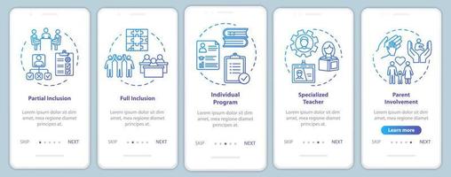 Inclusive education onboarding mobile app page screen with concepts. Educational assistance for disabled walkthrough five steps graphic instructions. UI vector template with RGB color illustrations