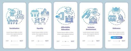 Inclusive education onboarding mobile app page screen with concepts. Special conditions for the disabled walkthrough five steps graphic instructions. UI vector template with RGB color illustrations