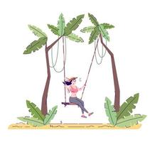 Female tourist on swing flat doodle illustration. Girl having fun in tropical forest. Woman swinging in exotic country. Indonesia tourism 2D cartoon character with outline for commercial use vector