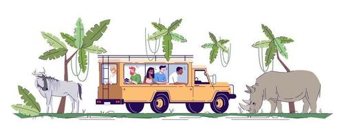 Safari trip flat doodle illustration. Group of people observing wild animals from vehicle in jungle. Wildlife conservation park. Indonesia tourism 2D cartoon character with outline for commercial use vector