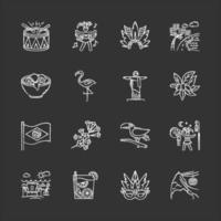 Brazilian carnival chalk white icons set on black background. Street party. South America traditions. Flamingo. Jesus statue. Sand castle on the coast. Isolated vector chalkboard illustrations