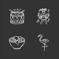 Brazilian carnival chalk white icons set on black background. Traditional music. Arancini. National festival. Flamingo. Cheese bread. Samba. Local cuisine. Isolated vector chalkboard illustrations