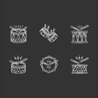 Brazilian music chalk white icons set on black background. Drums with drumsticks. Samba. Musical instrument. Brazilian carnival. Festive drum parade. Isolated vector chalkboard illustrations