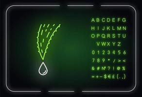 Plant juice neon light icon. Aloe vera. Dropping liquid. Medicinal herb sprout. Cactus thorn. Outer glowing effect. Sign with alphabet, numbers and symbols. Vector isolated RGB color illustration