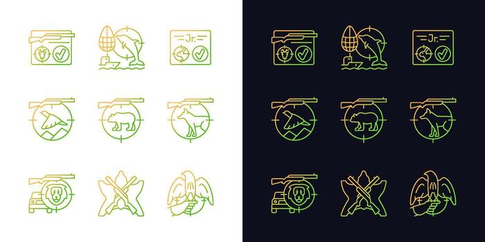 Wild animals hunting gradient icons set for dark and light mode. Big and small game hunting. Thin line contour symbols bundle. Isolated vector outline illustrations collection on black and white