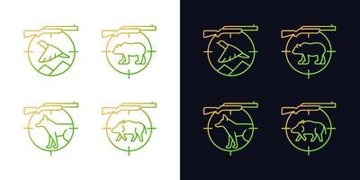 Big and small game hunting gradient icons set for dark and light mode. Hunting rifle to kill deer. Thin line contour symbols bundle. Isolated vector outline illustrations collection on black and white