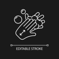 Lathering back of hands white linear icon for dark theme. Rubbing hands together with soap. Thin line customizable illustration. Isolated vector contour symbol for night mode. Editable stroke