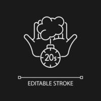 Scrub hands for twenty seconds white linear icon for dark theme. Soap molecules destroying viruses. Thin line customizable illustration. Isolated vector contour symbol for night mode. Editable stroke