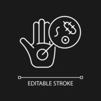 Dirty hands white linear icon for dark theme. Germs on unwashed hands. Spread infectious diseases. Thin line customizable illustration. Isolated vector contour symbol for night mode. Editable stroke