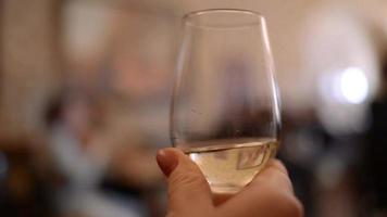 agitando la mano un vaso medio lleno de vino blanco video