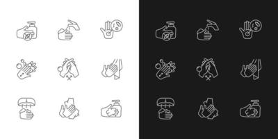 Hand washing steps linear icons set for dark and light mode. Removing germs from hands. Apply soap, disinfectant. Customizable thin line symbols. Isolated vector outline illustrations. Editable stroke