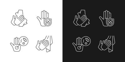 Infection prevention linear icons set for dark and light mode. Wiping off dirt, germs. Dry hands with towel. Customizable thin line symbols. Isolated vector outline illustrations. Editable stroke