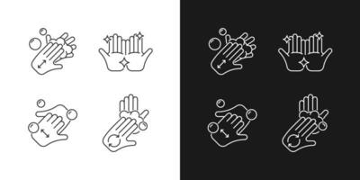 Washing hands instruction linear icons set for dark and light mode. Rub palms together with soap. Cup fingers. Customizable thin line symbols. Isolated vector outline illustrations. Editable stroke