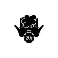 Scrub hands for twenty seconds black glyph icon. Clearing out germs. Rubbing hands under warm water. Soap molecules destroying viruses. Silhouette symbol on white space. Vector isolated illustration