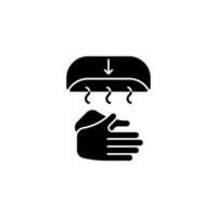 Air dry hands black glyph icon. Hygienic alternative. Hand-drying method. Spreading germs risk. Electric device at public washroom. Silhouette symbol on white space. Vector isolated illustration