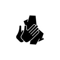 Dry hands with tissue black glyph icon. Wiping off dirt and germs from palms. Use antibacterial wipes. Remove microorganisms from hands. Silhouette symbol on white space. Vector isolated illustration