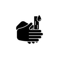 Rub palms together black glyph icon. Rinsing hands under cold running water. Killing germs on palms. Lathering bottom of hands. Silhouette symbol on white space. Vector isolated illustration