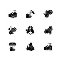 Hand washing steps black glyph icons set on white space. Removing germs from hands. Applying soap and disinfectant. Reducing common infection risk. Silhouette symbols. Vector isolated illustration