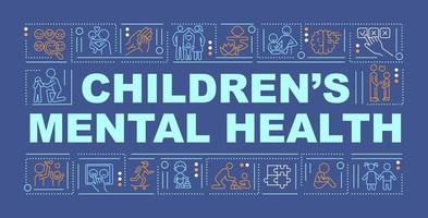 banner de conceptos de palabra de salud mental para niños. desarrollo emocional. infografías con iconos lineales sobre fondo azul. tipografía creativa aislada. ilustración de color de contorno vectorial con texto vector