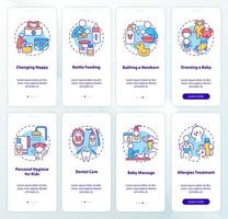 Raising child onboarding mobile app page screen set. Health care and hygiene walkthrough 4 steps graphic instructions with concepts. UI, UX, GUI vector template with linear color illustrations