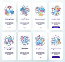 Raising child onboarding mobile app page screen set. Health care and hygiene walkthrough 4 steps graphic instructions with concepts. UI, UX, GUI vector template with linear color illustrations