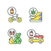 Recycling business RGB color icons set. Eco friendly bike. Sustainable shoes. Toys from flip flops. Vehicles from aluminum cans. Isolated vector illustrations. Simple filled line drawings collection