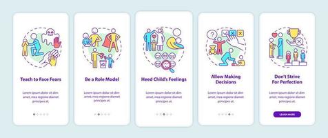 Bringing up tips onboarding mobile app page screen. Child mental health walkthrough 5 steps graphic instructions with concepts. UI, UX, GUI vector template with linear color illustrations