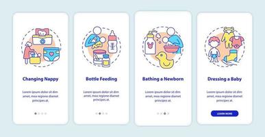 Infant care onboarding mobile app page screen. Mother looking after newborn walkthrough 4 steps graphic instructions with concepts. UI, UX, GUI vector template with linear color illustrations